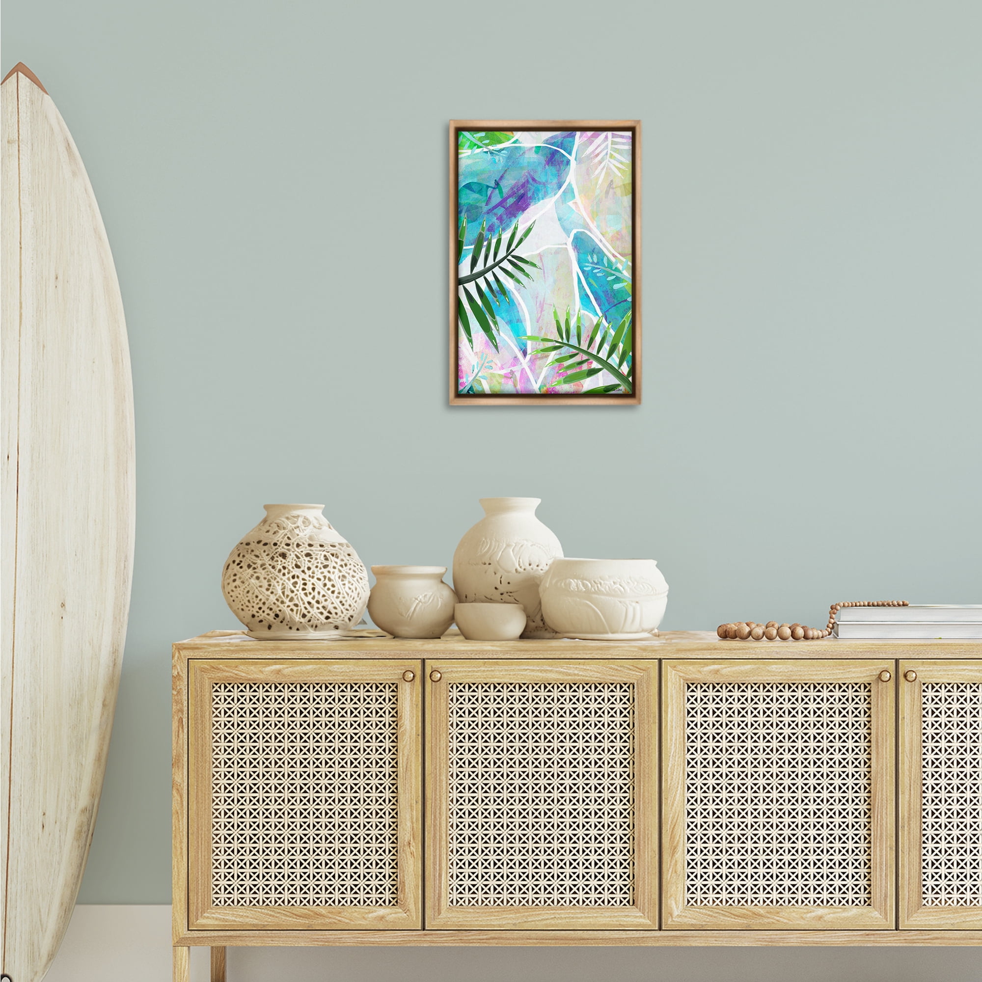 Stupell Industries Layered Tropical Leaves Coastal Painting Brown Floater Framed Canvas Art Print Wall Art, 17 x 25