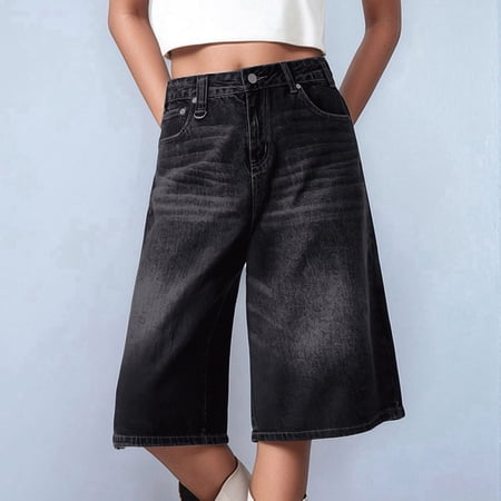 Conairie Cropped Jeans for Women Casual Loose Fit Solid Color Stretch Denim Pants Summer Travel Long Jeans with Pocket Grey XL
