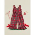 thumbnail image 6 of Toddler Baby Girls Christmas Overalls Santa Claus Embroidery Sleeveless Strap Plaid Bell Bottoms Romper Jumpsuit 1-5T Cute Clothes, 6 of 8