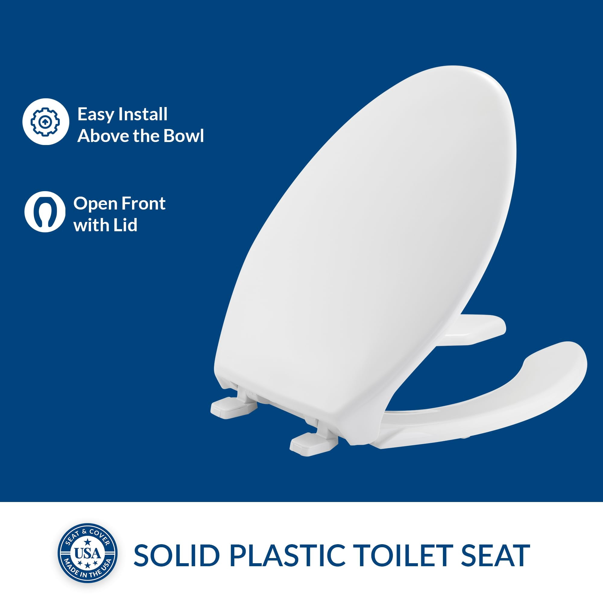 BEMIS 1950 Commercial Open Front Plastic Toilet Seat, Heavy Duty Industrial Seat with Lid, Made in USA, Elongated, White CA2