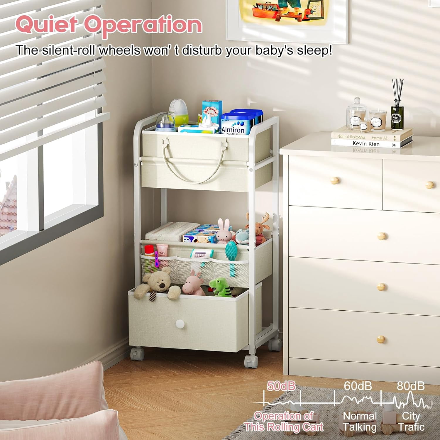 2-in-1  Diaper Caddy Organizer with 3 Tiers and Drawer, White Rolling Cart for Nursery Storage