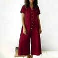 thumbnail image 7 of Vhkiploz A-Line Linen Jumpsuit For Women's One Piece Button Wide Leg Maxi Summer Sweatsuits Beach Vacation Travel Athletic Outfit Sets V-Neck Short Sleeve Solid Outwear Beach Rompers With Pockets, 7 of 7