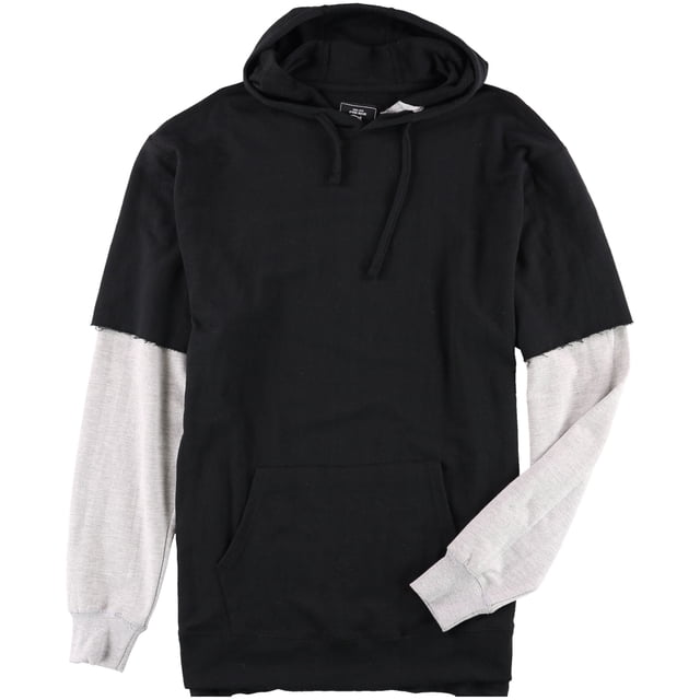 seven souls - sudadera con capucha para hombre, capa sólida, color negro, xxl seven souls sudadera. Vista frontal centrada de sudadera negra con capucha y cordones, bolsillos canguro y silueta recta; mangas con efecto de capa y sección inferior gris claro texturada, puños acanalados y dobladillo recto, talla XXL, 60% algodón 40% poliéster, estilo casual moderno; a menudo usada para combinar en looks urbanos de capas.