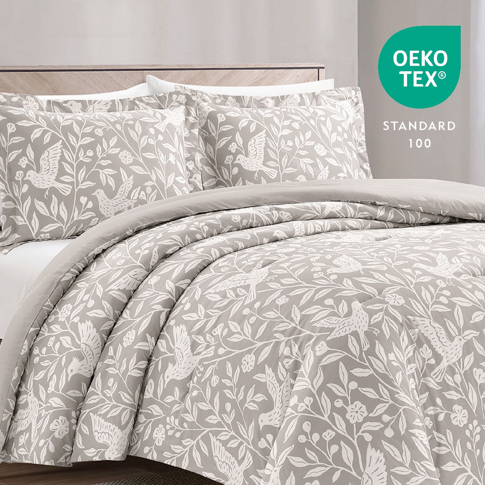 Notticasa 3-Piece Printed Comforter Sets,Gray,Tiwn,Features a Floral and Peacebird Design, Including a Quilt Cover and Pillowcases