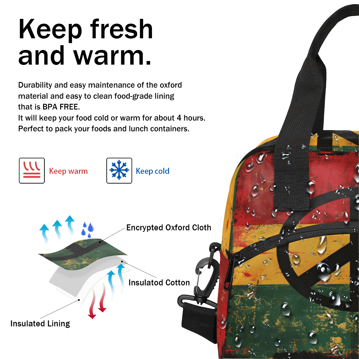 Herdesigns Hippie Peace Sign Insulated Lunch Bag for Women Men Adults Large Reusable Lunch Box Vintage Leakproof Cooler Tote Bags with Adjustable Shoulder Strap