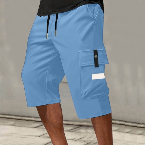 Men's Cargo Shorts Below Knee Lightweight Drawstring Waist Long Shorts Work Pants Multi Pockets Sky Blue M