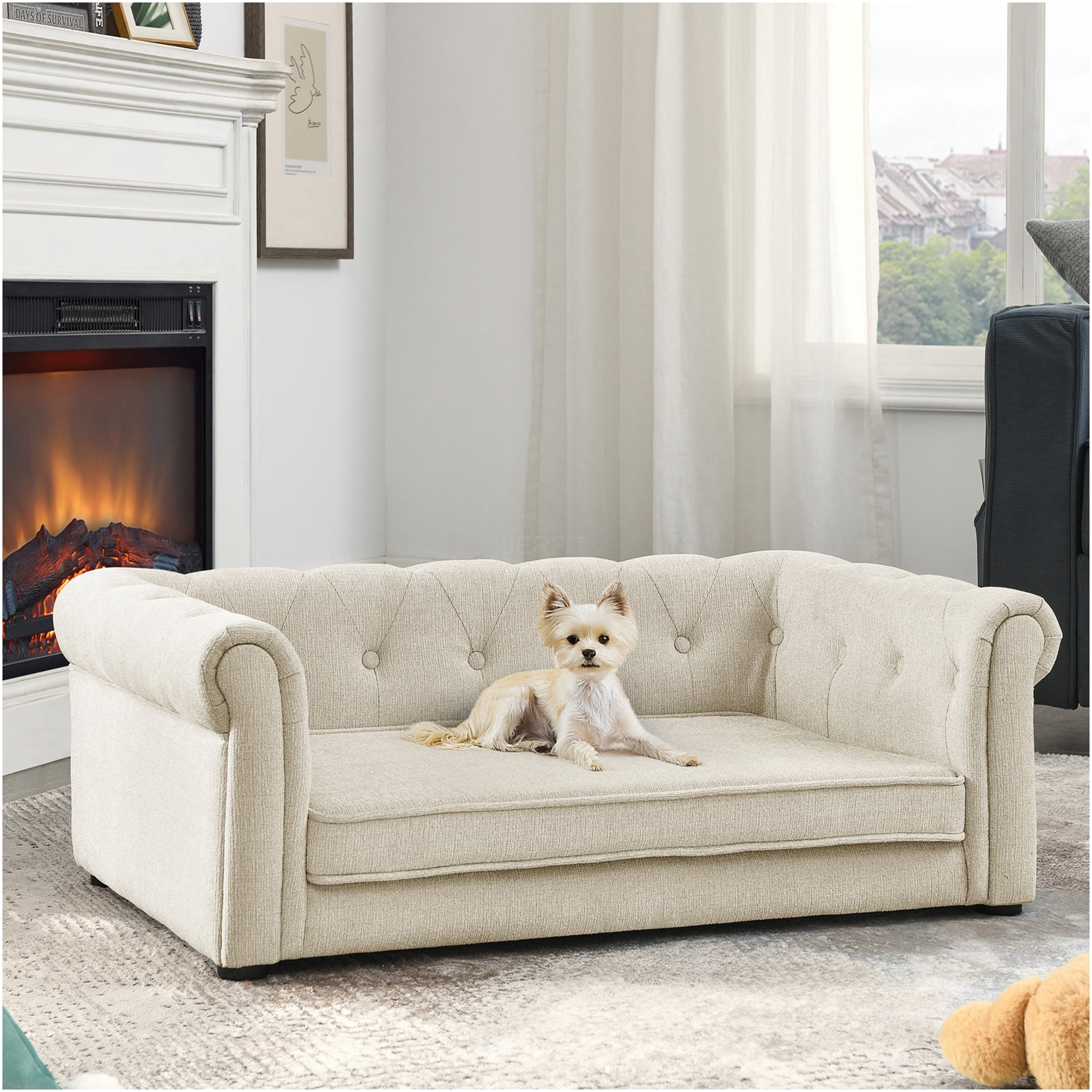 JERFIT Elevated Dog Bed for Medium Dogs, 40" Orthopedic Foam Pet Sofa with Durable Fabric, Waterproof & Washable Cover, Beige Modern Pet Furniture