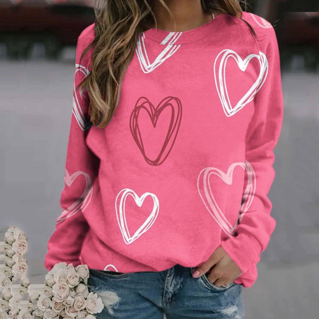 T-shirt de la Saint-Valentin pour Femmes 2024, Chandails à Col Rond, T-Shirts Décontractés avec Cœur, T-Shirts Graphiques Amples à Manches Longues, Chandails à Enfiler, Hauts Mode pour les Fêtes, T-Shirt
