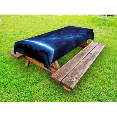 

World Outdoor Tablecloth Earth View at Night from Space Atmosphere Stars Fantastic Cosmic Galaxy Nebula Decorative Washable Fabric Picnic Table Cloth 58 X 84 Inches Blue and White by Ambesonne