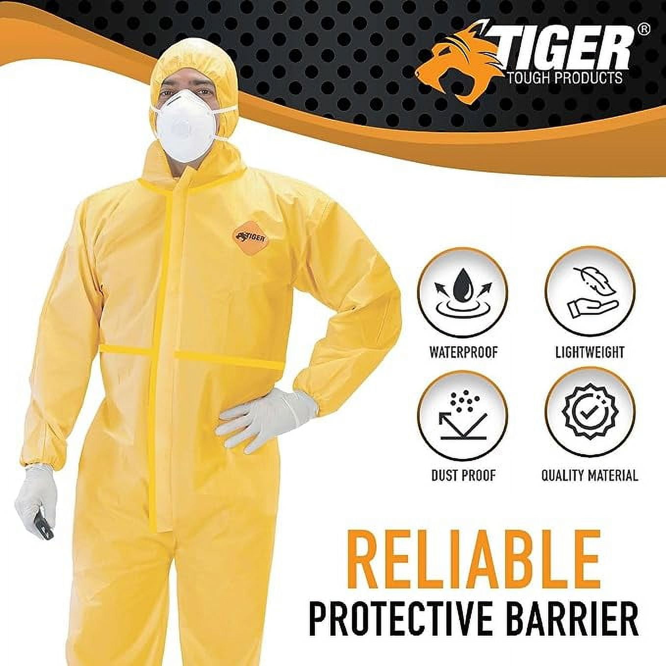 Tiger Tough Chemical Coverall - Protective Hazmat Suit with Hood, Zipper &  Elastic Waist for Industrial Use, Size X-Large, Single Pack
