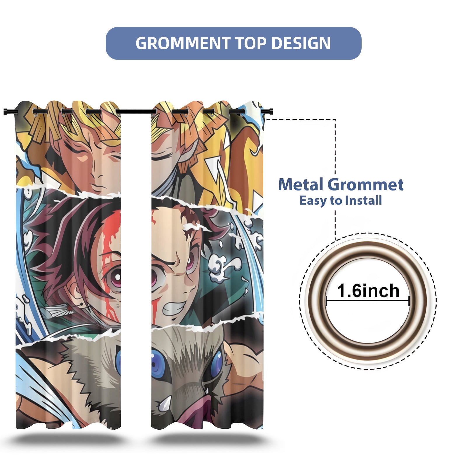 Anime Curtains for Bedroom Drapes Slayer Tanjirou Inosuke Kyoujurou Print Design Window Treatments Curtain Panel Set, 2-Panels, 55" W x 63" L