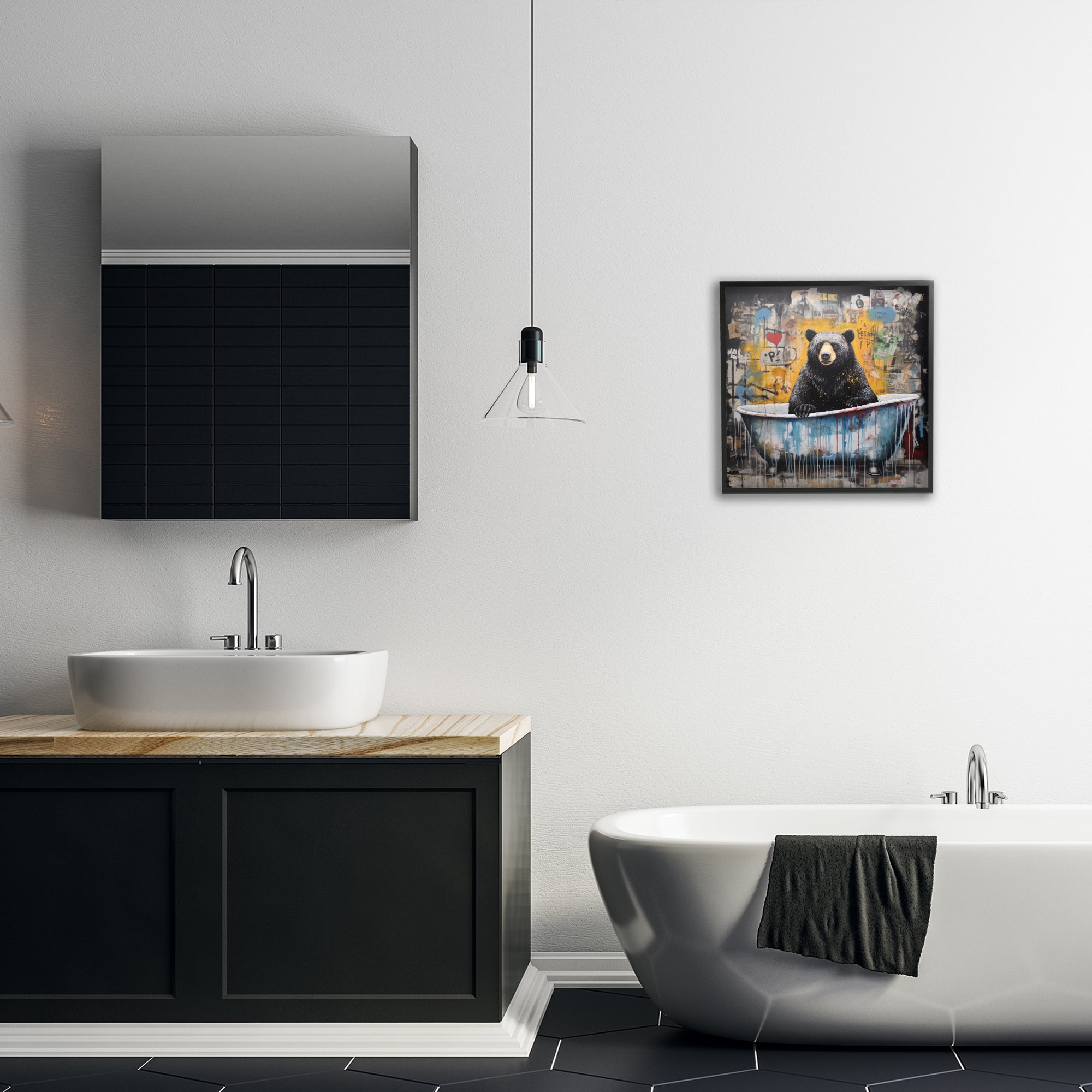 Stupell Industries Graffiti Bathing Bear Typography Painting Black Framed Art Print Wall Art, 17 x 17