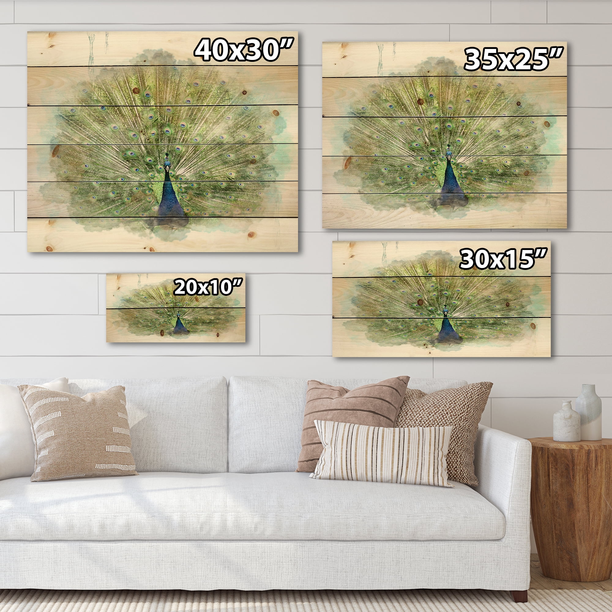 Designart 'Dancing Peacock Bird' Traditional Print on Natural Pine Wood