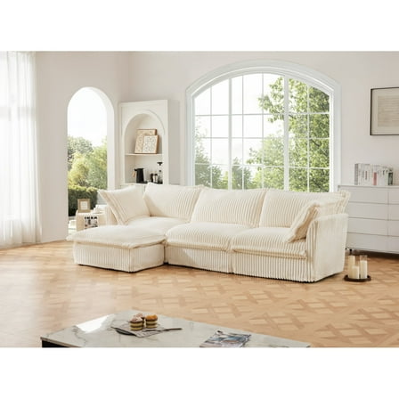 Newboti Furniture L-Shaped Slipcovered Sectional Sofa Couch, Comfy Deep Seat Cloud Couch with Convertible Ottoman & 2 Big Pillows, Modern Oversized 3 Seater Slipcovered Sofa Set Cream Corduroy 21448