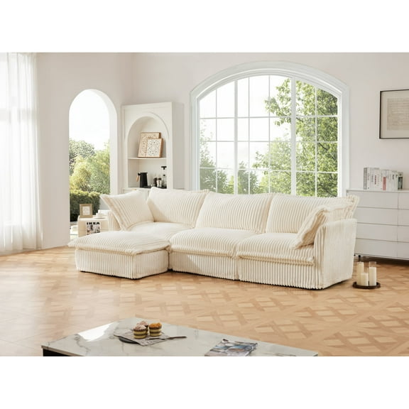 Newboti Furniture L-Shaped Slipcovered Sectional Sofa Couch, Comfy Deep Seat Cloud Couch with Convertible Ottoman & 2 Big Pillows, Modern Oversized 3 Seater Slipcovered Sofa Set Cream Corduroy 21448