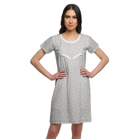 

Moomaya Printed Nightdress Short Sleeve Cotton Womens Lace Neckline Nightwear