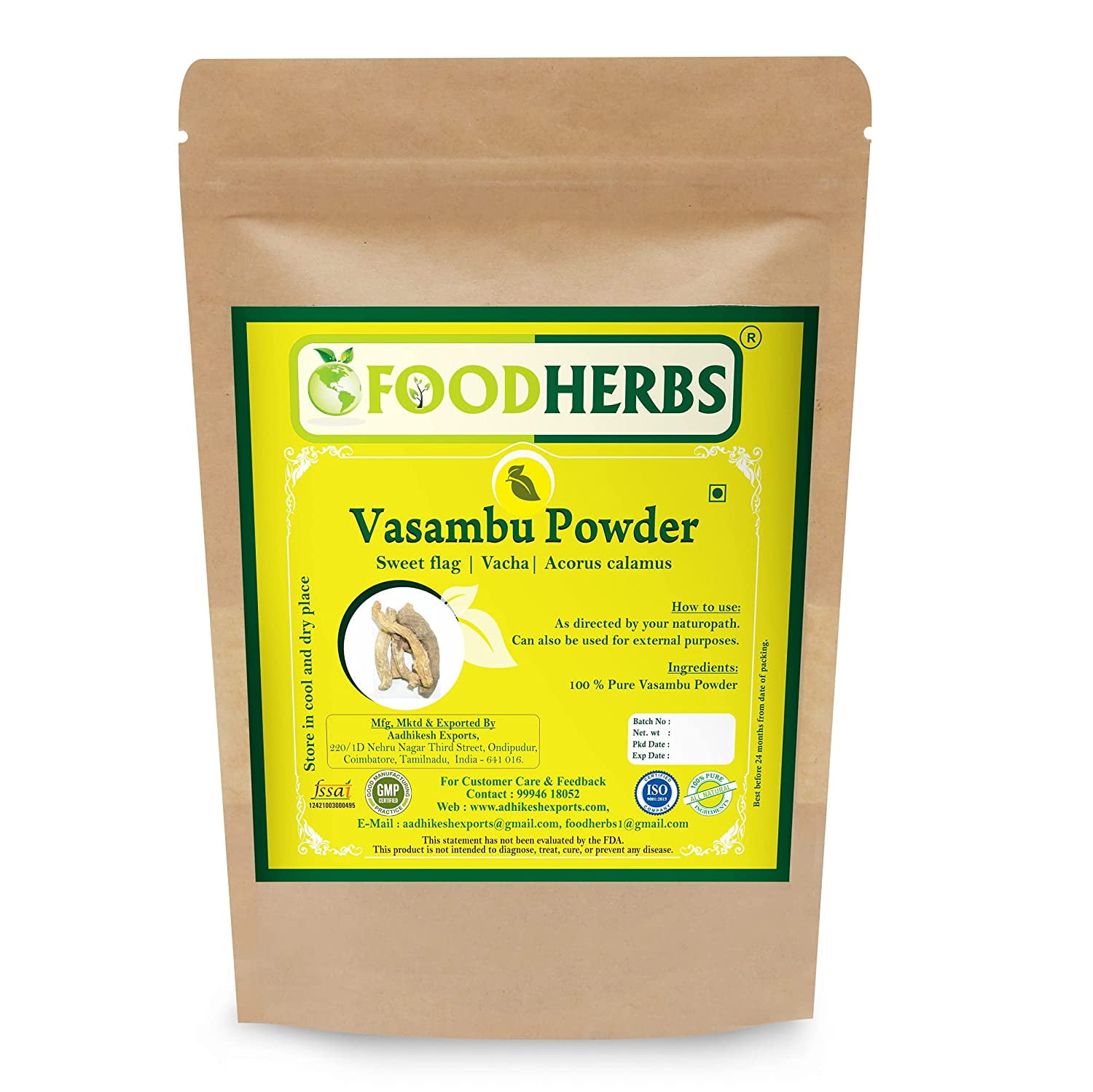 Foodherbs Vacha/Sweet Flag/Vasambu/Acorus Calamus Root Powder (200 Gm/0