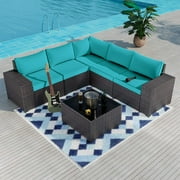 Gotland 6 Piece Patio Conversation Set, Outdoor Sectional Sofa Rattan Wicker Patio Furniture Set, Blue