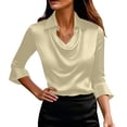 thumbnail image 4 of Tanghaowl Womens T Shirts, Fashion Satin Blouse with Asymmetrical Notched Lapel and Flared Sleeves for Everyday Casual Elegant Tunic Top Beige S, 4 of 7