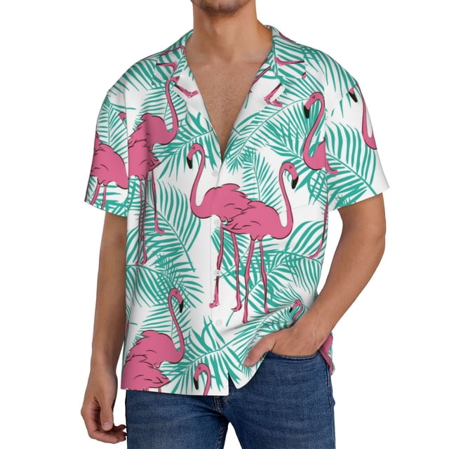 Fotbe Flamingo Camisa Estampada de Manga Corta para Hombre, Casual de Verano, Estilo Playero, Sin Arrugas-Medium
