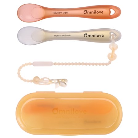 Omnilove Silicone Baby Spoons 2-Pack with Case, New Born Self Feeding Toddler Spoon, Baby Led Weaning Supplies, Toddler Utensils with Safety Chain, Baby Eating Essentials, Dishwasher Safe