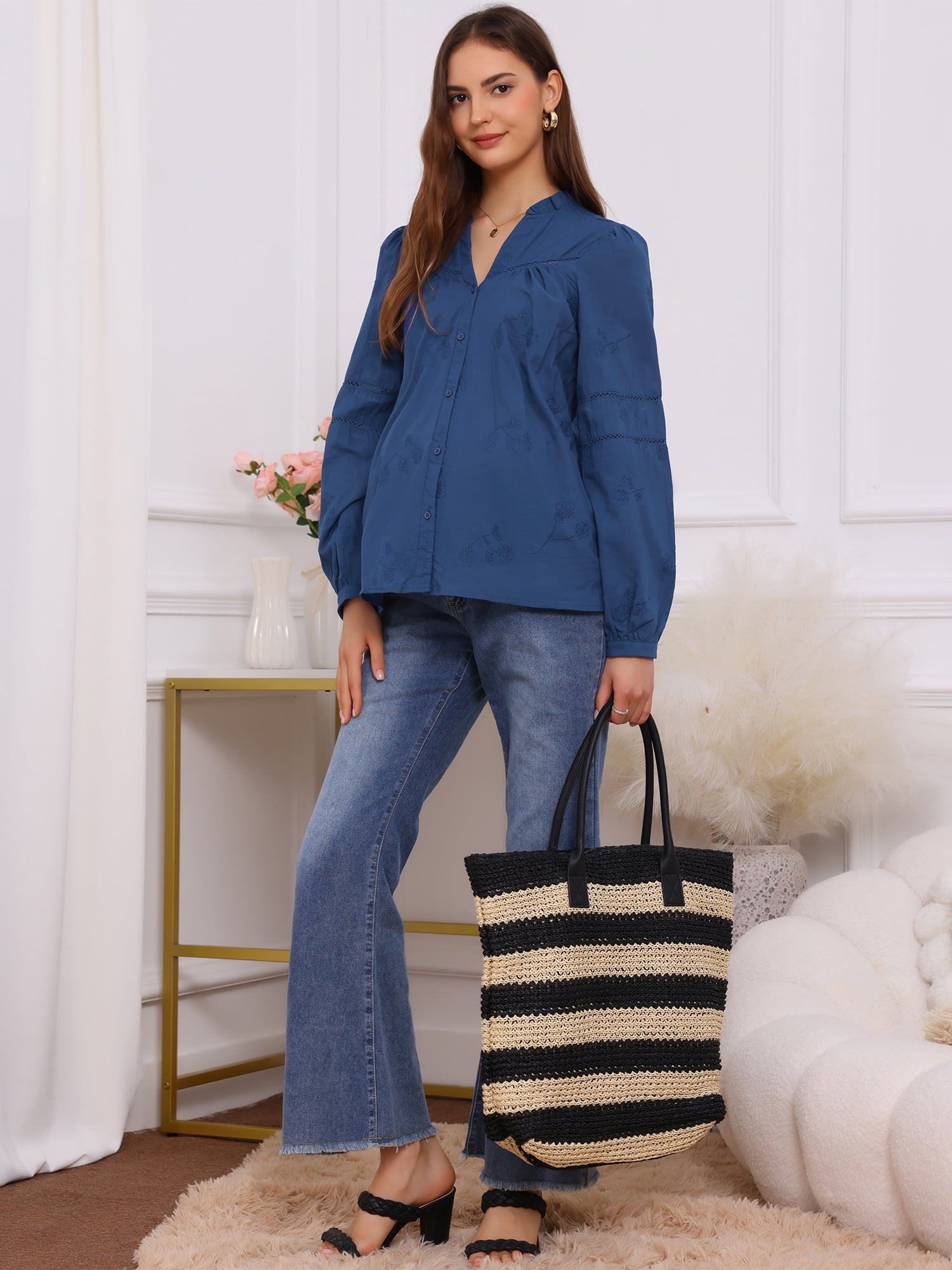 DARING DIVA Women's Maternity Cotton Button Down Long Sleeve Jacquard Blouse S Blue