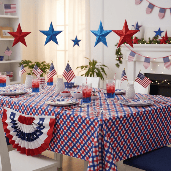 Patriotic Red, White and Blue Check Pattern Vinyl Flannel Back Tablecloth 52" x 70"