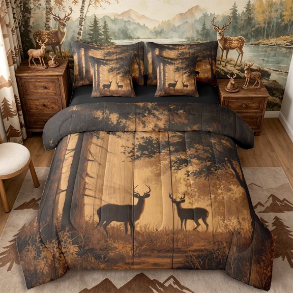 Castle Fairy Rustic Wood Plank Deer 7-Piece Twin Bedding for Boys,Fall Jungle Animal Bedding Comforter Set,Sepia Brown Black,Black Reversible