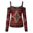 thumbnail image 4 of USSUMA Casual Tops for Women Western Aztec Style Womens Cold Shoulder Tops Long Sleeve V Neck Day Night Ladies Lace Shirts, 4 of 5