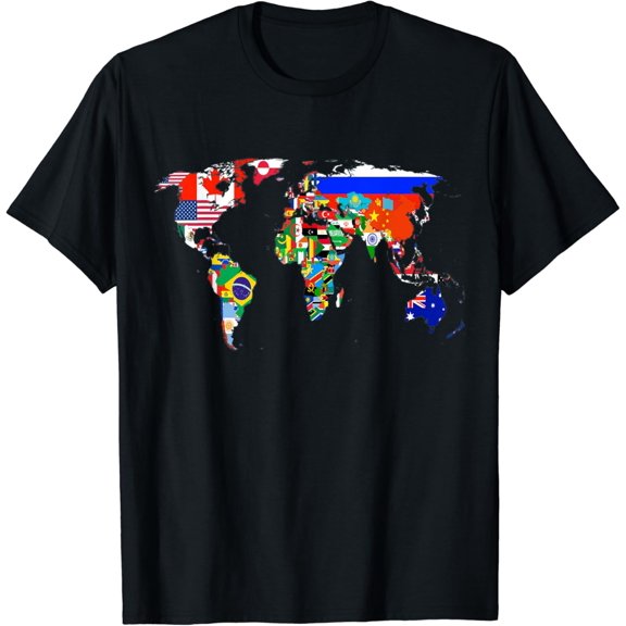 World Map Country Flag Atlas T-Shirt Black 2X-Large