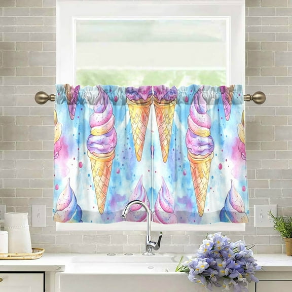 Yayeee Kitchen Curtains Tier Pair Light Filtering 27"x24" Rod Pocket Short Cafe Window Panel, Watercolor Ice Cream Pattern