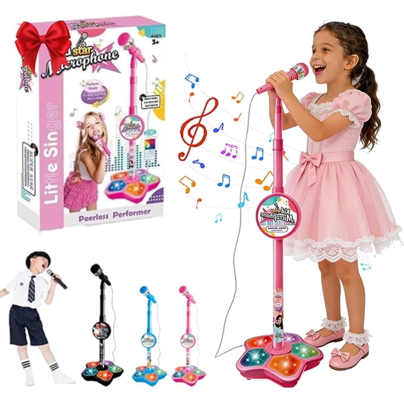 Star Microphone with Stand for , 2026 New All-in-One Microphone Toy with Got Built-in Music, Colorful Lights, Portable Karaoke Machine, Adjustable Height, Great Christmas Birthday Gift (Pink)