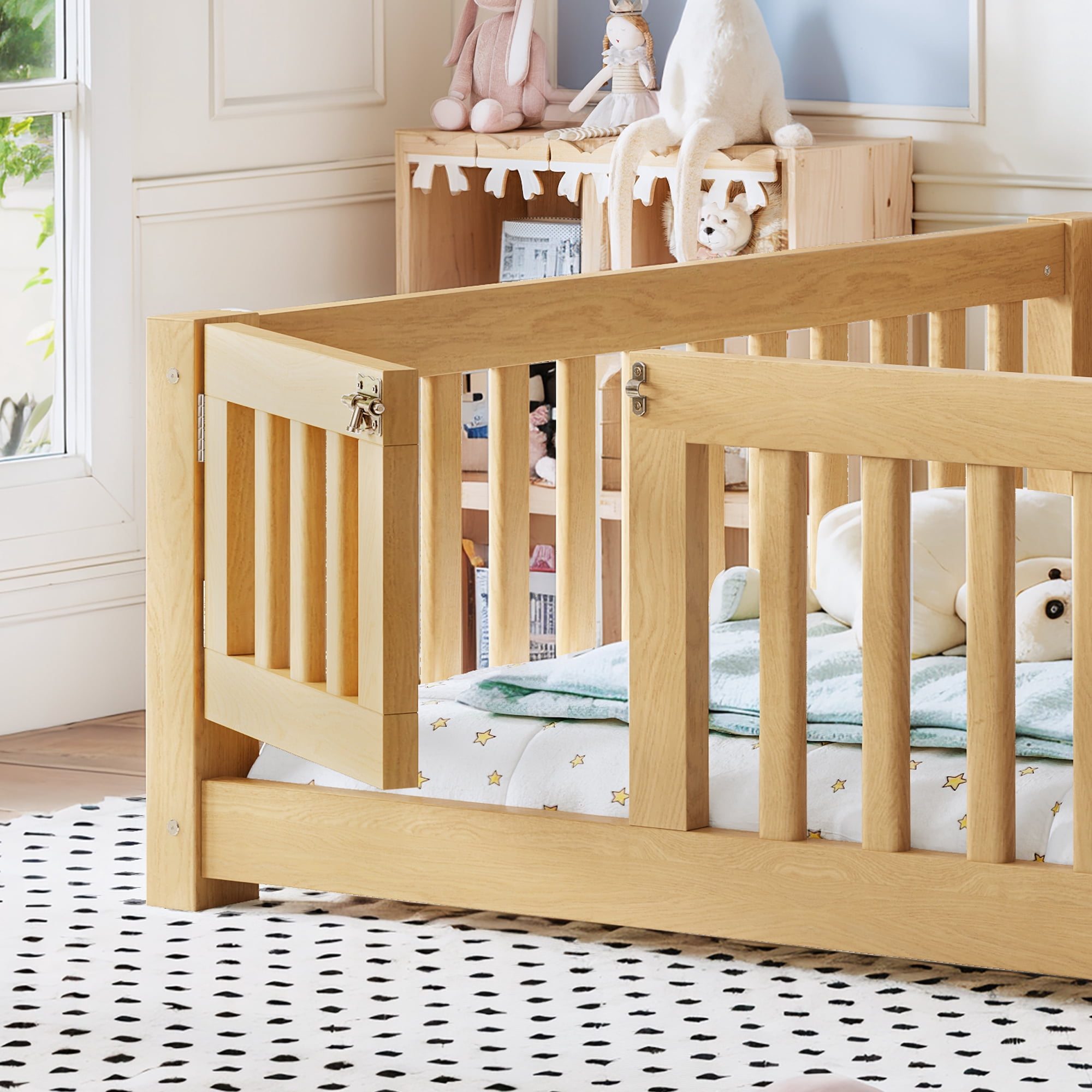 Full Size Kids Floor Bed with Safety Guardrails & Removable Door, Solid Pine Wood Montessori Bed, Natural