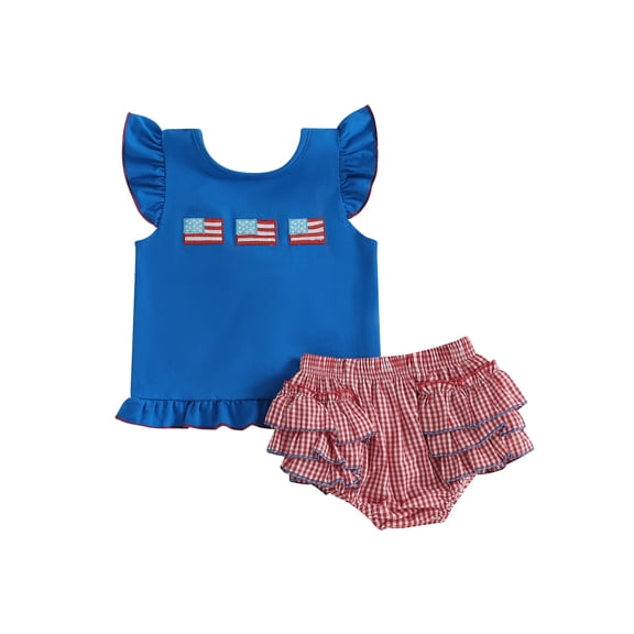 BemeyourBBs Toddler Baby Girl 4th of July Outfit Patriot Fourth of July Summer Independence Day Clothes American Flag Embroidered Backless Flying Sleeve T shirt Tops Plaid Ruffle Shorts Set