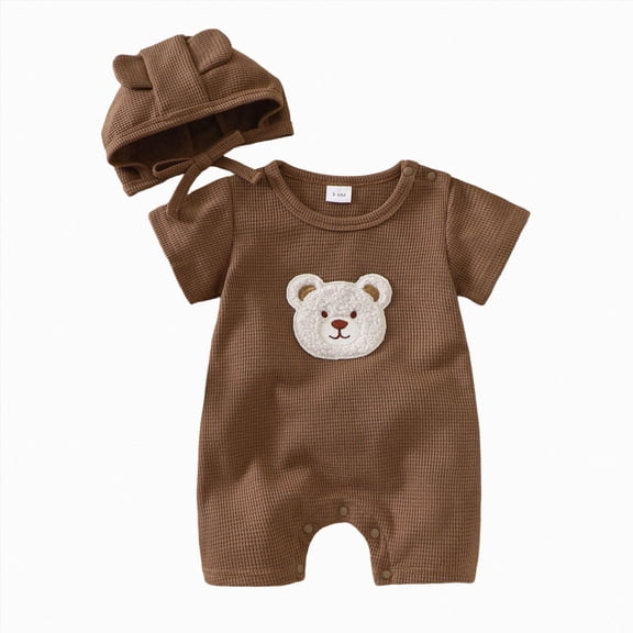 mgoYE Baby Boy Romper Size 0-3 Months Newborn Baby Cotton Onesie with Hat, Cute Bear Patched Casual Short Sleeve Bodysuit, Toddler & Infant Boy's Girl's Comfortable Clothing Coffee