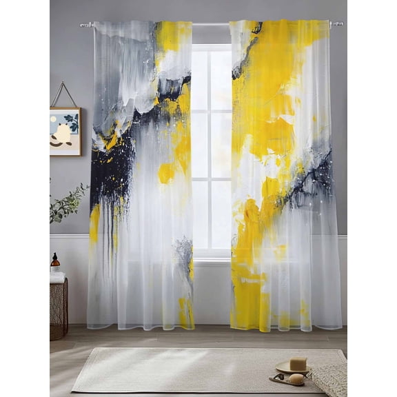 Gray Yellow Abstract Sheer Curtains 84 Inches Long 2 Panels Street Art Light Filtering Semi Sheer Window Curtains Drapes for Bedroom Living Room 52"x84"