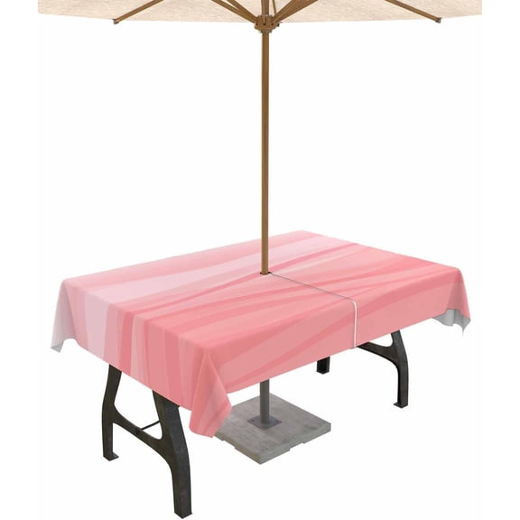 Outdoor Rectangle Tablecloth with Umbrella Hole and Zipper, Pink Ombre Water Ripple Waterproof Table Cover Farmhouse Stripes Washable Patio Tablecloths for Party Picnic, 60"x84"