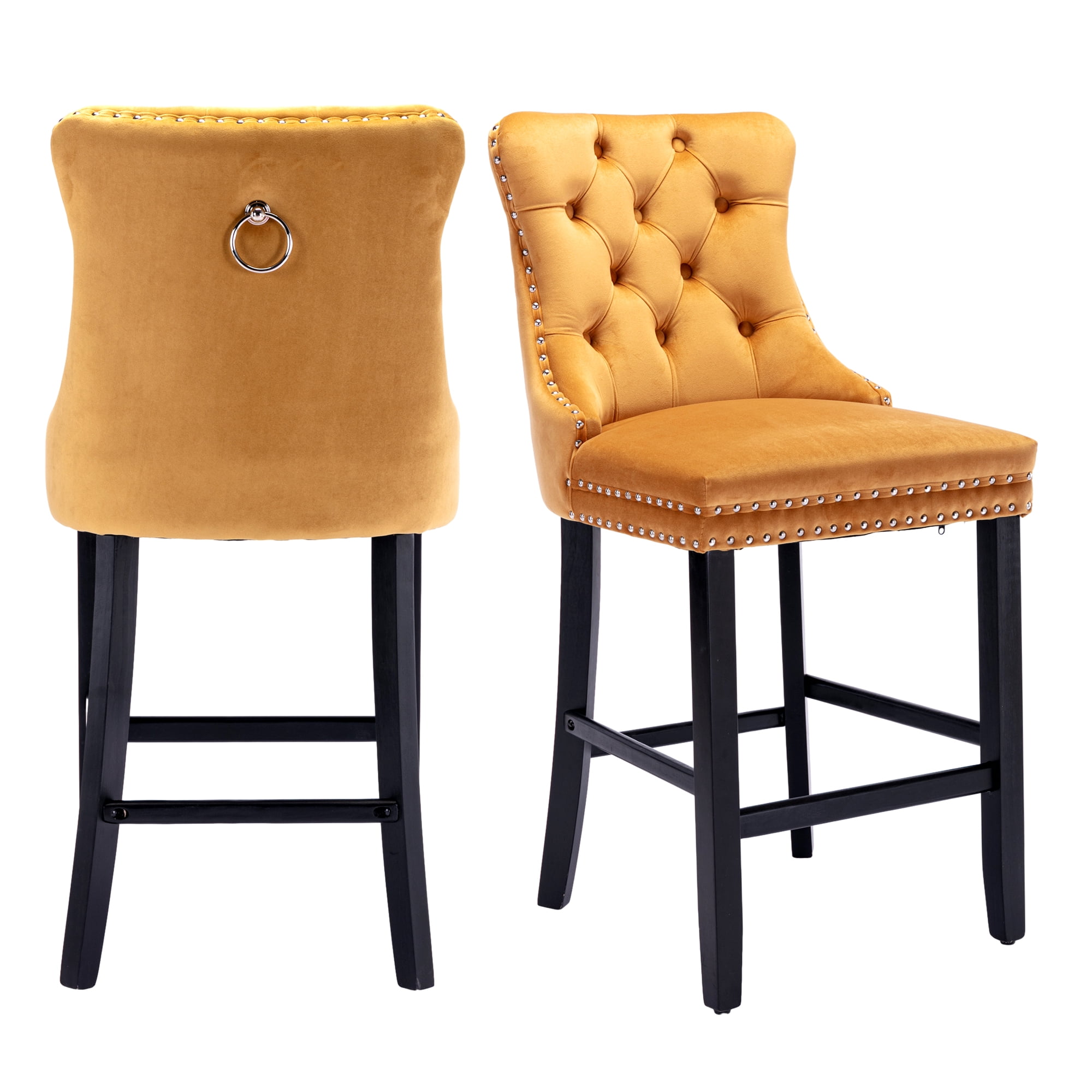 DONICK Velvet Counter Height Bar Stools Set of 4,Button Tufted Back Bar Chair Nailhead Back Pull Tab Wooden Leg(Yellow)