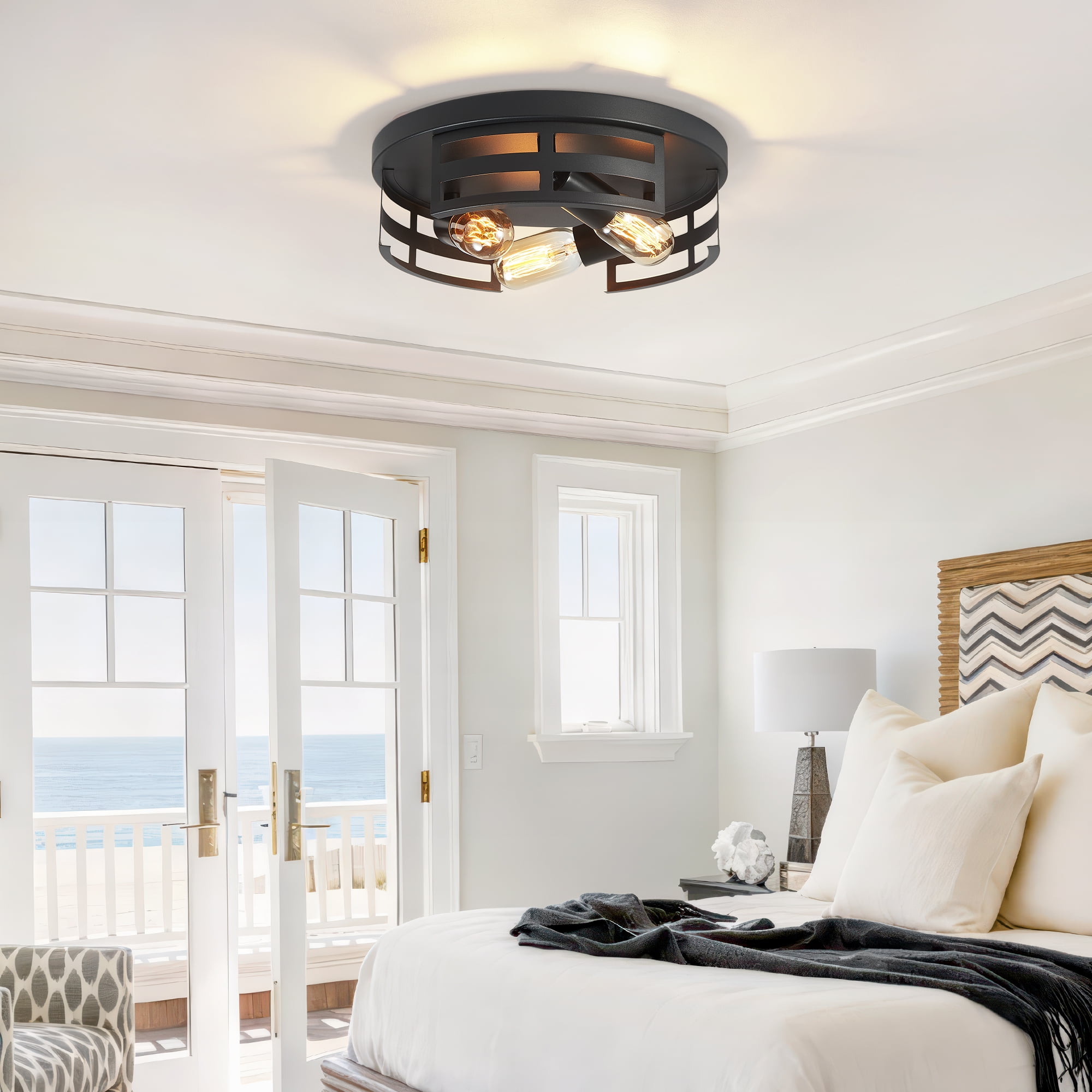 GCGAFUL 12.5 inch 3-Light Vintage Farmhouse Flush Mount Ceiling Light, 2-Pack Matte Black Ceiling Lighting for Kitchen, Hallway, Bedroom
