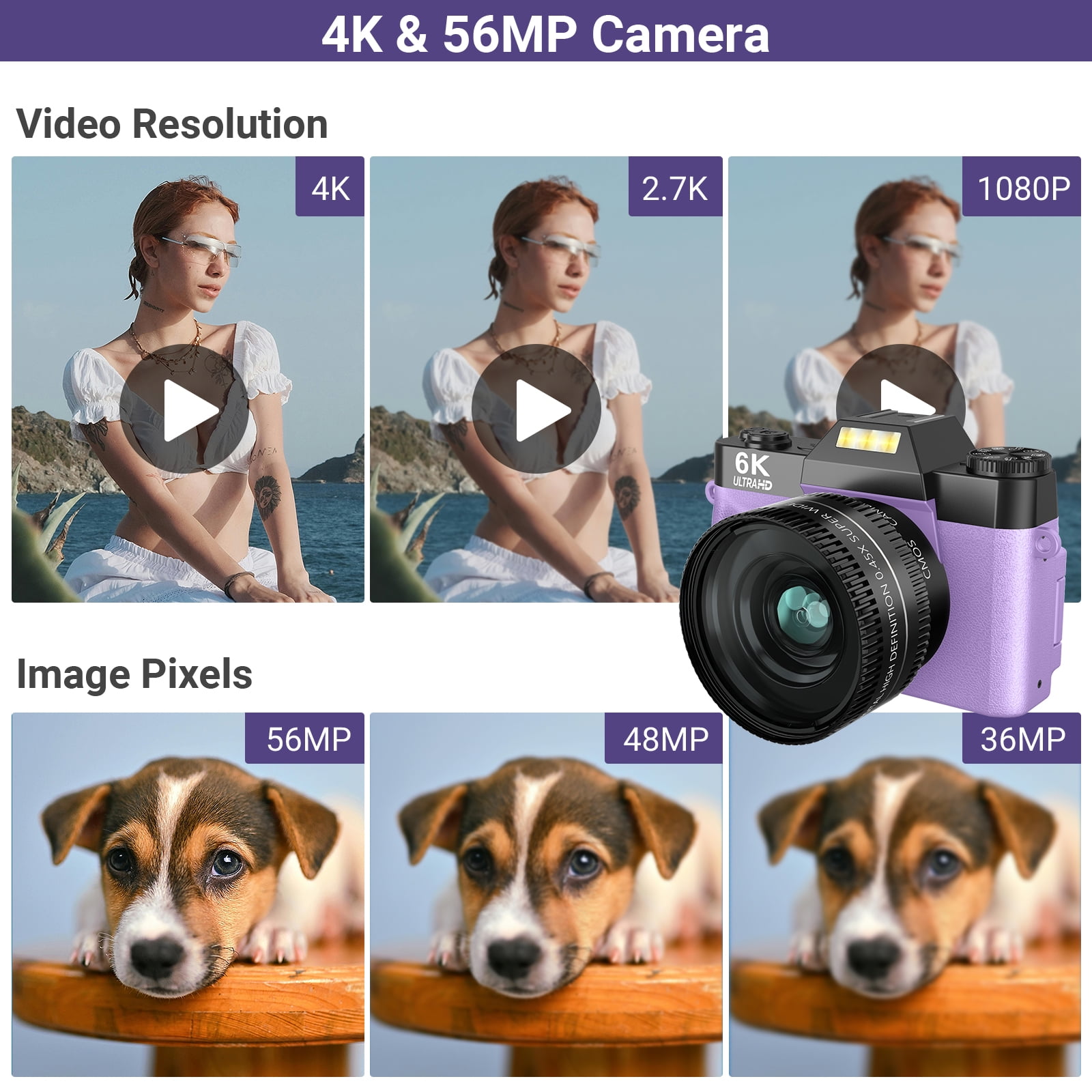 Saneen Digital Camera 6K 64MP Wifi Vlogging Cameras for YouTube 3''180° Flip Screen 16X Zoom 32GB SD Card 52mm Lens Purple