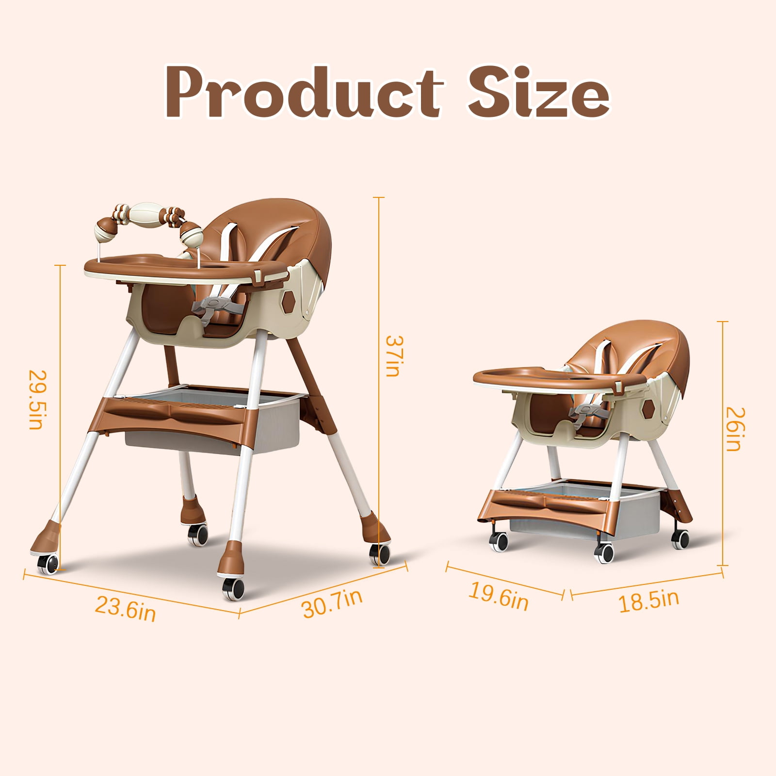 HAOUUCYIN 4-in-1 Baby High Chair, Portable Dining Chairs Eat & Play with Double-Layer Dinner Plate and Toy Rack, for 0-36 Months, Brown