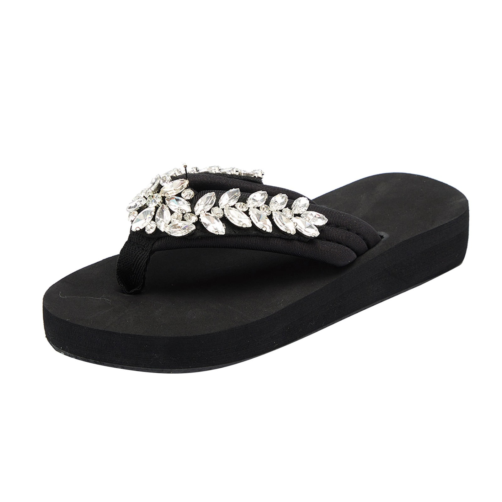 XIMIN Women's Rhinestone Sandals - Platform T Strap Jewel Flip Flops with Wedge Heel, Comfortable Summer Dress Footwear (Black, 11.5)