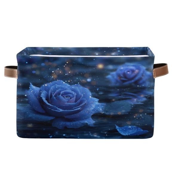 1-Pack Square Closet Organizers with Handles Open Basket Bins Blue Rose Pattern Storage Basket for Home Office