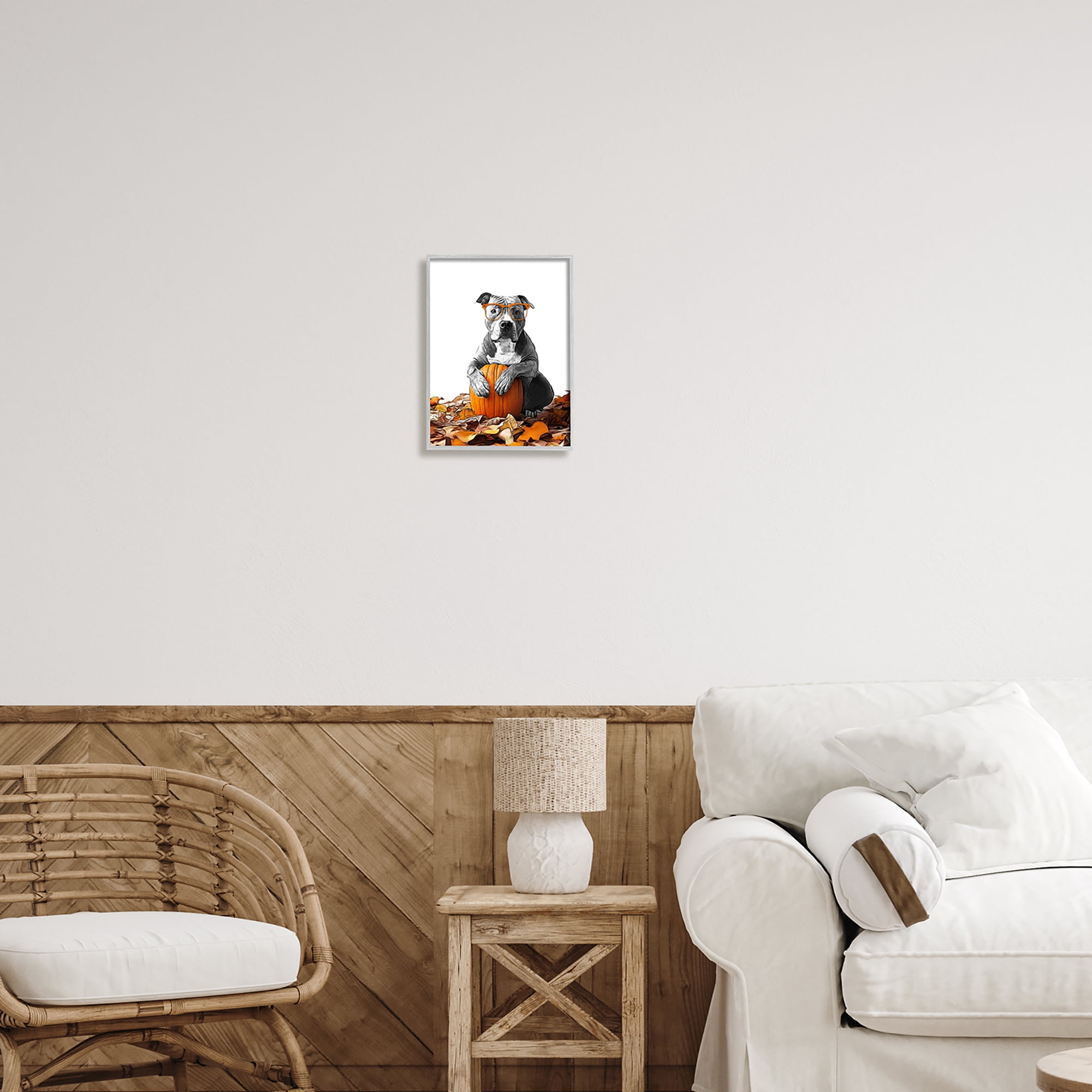 Stupell Industries Pit Bull Autumn Leaves Holiday Painting Gray Framed Art Print Wall Art, 11 x 14