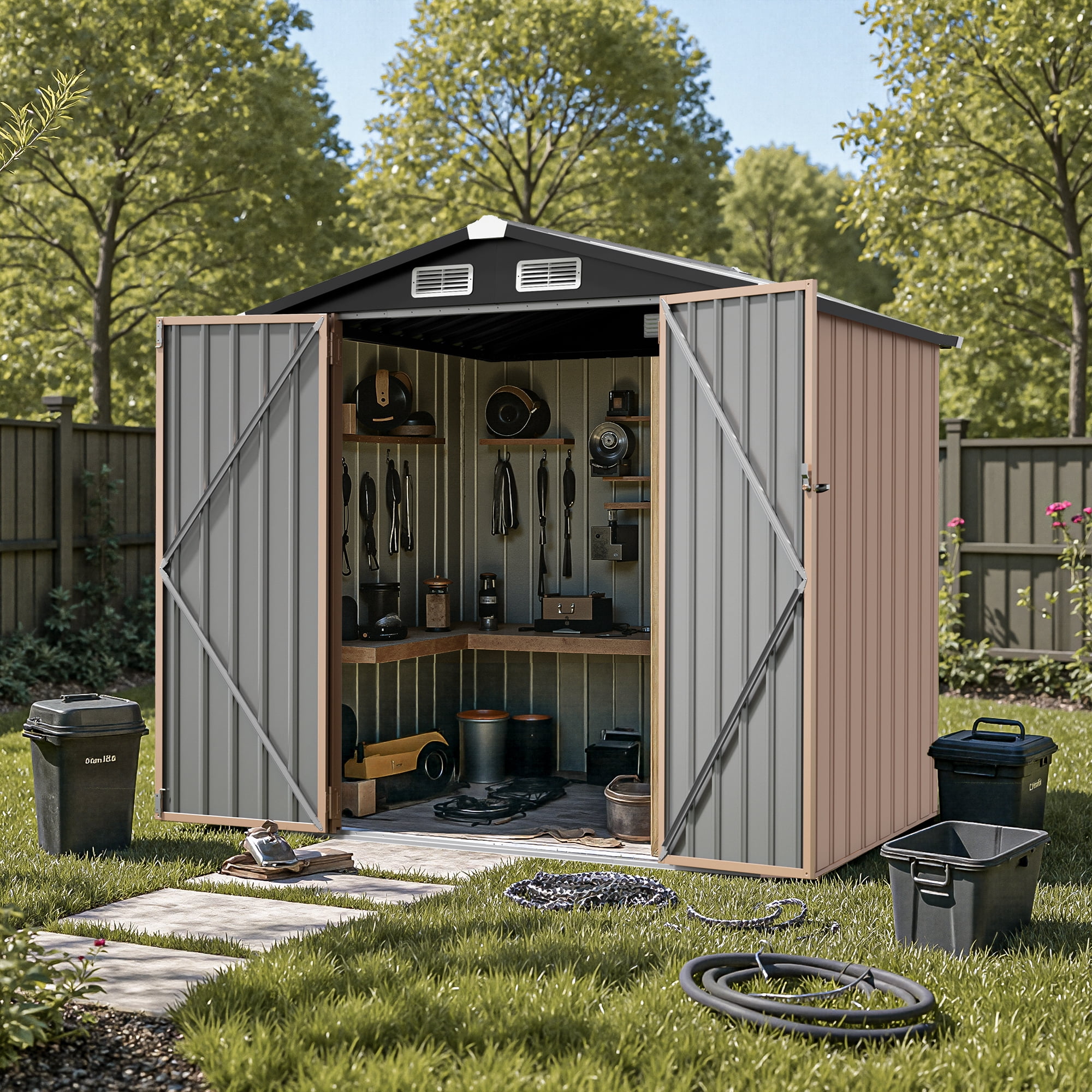 GVDV Metal Shed, 6 x 4 ft Metal Outdoor Storage Shed with Updated Frame, Lockable Doors & Waterproof, Brown