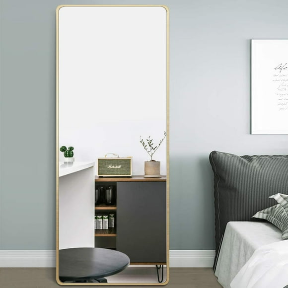 PexFix Full Length Mirror 65"x22" Floor Mirror Standing Mirror Curved Edge Corner Rectangular Wall Mounted Mirror Standing Hanging Leaning Bedroom Living Room Gold