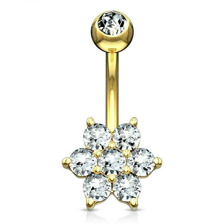 - Navel Ring 14KT Solid Gold with Flower Clear CZ Design 14ga