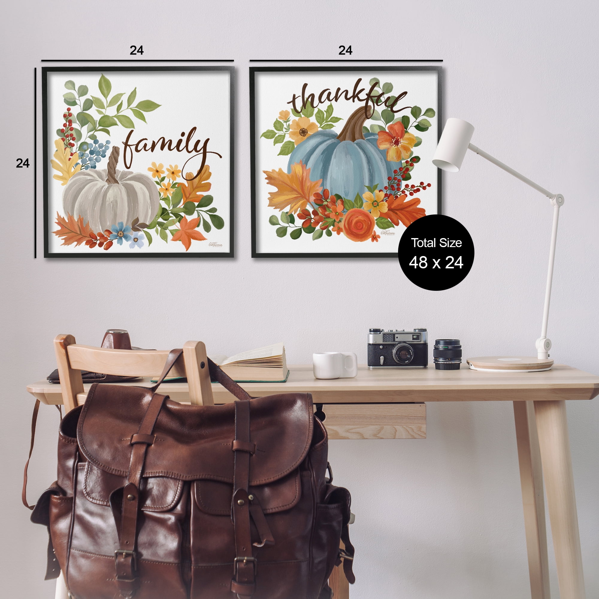 Stupell Industries Family Thankful Fall Pumkin Botanical & Floral Painting Black Framed Art Prints Wall Art, 24 x 24, Set of 2
