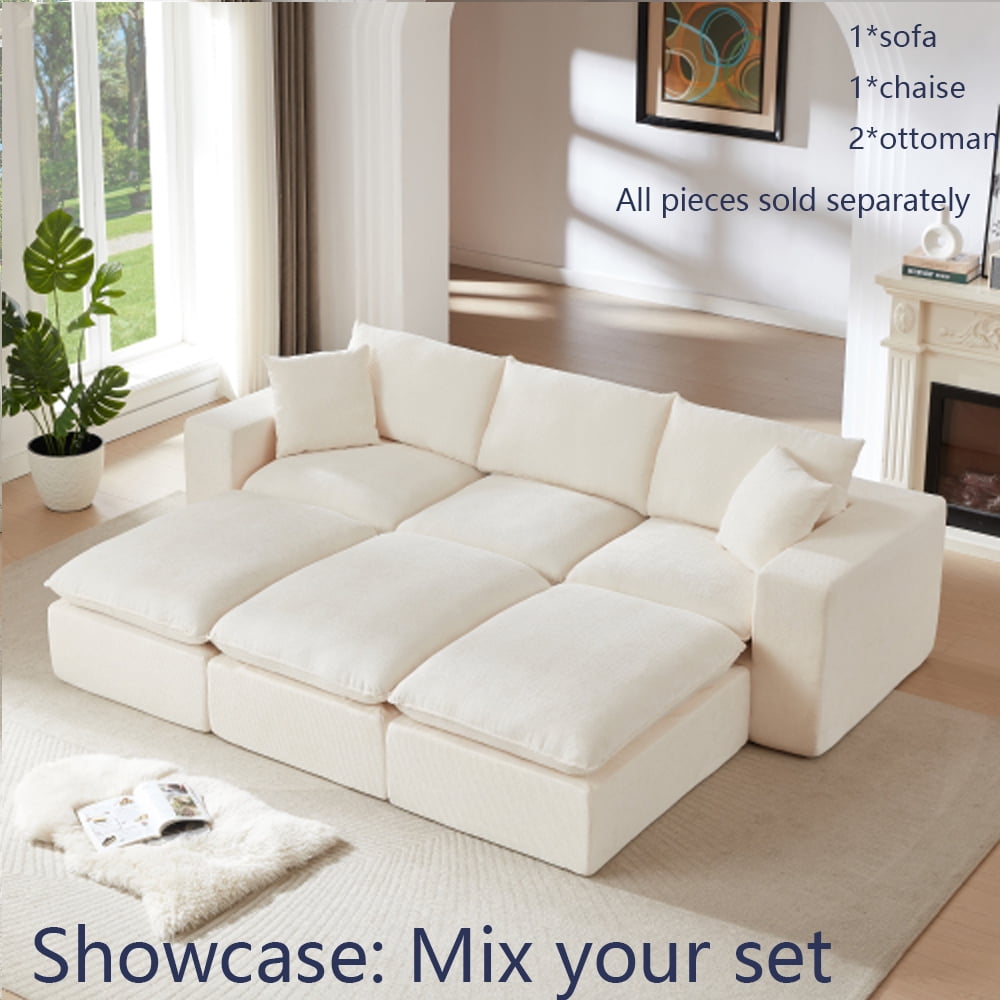 Miniyam 30" x 79" White Left or Right Facing Chaise Lounge, Modular Add-On to Build L-Shape or U-Shape Sectional Sofa