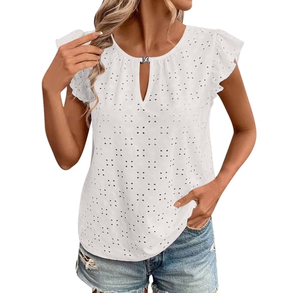 Womens Summer Eyelet Tops, Cap Short Sleeve Shirts for Women Casual Solid Color Ruffle Hollow Crewneck Dressy Blouses